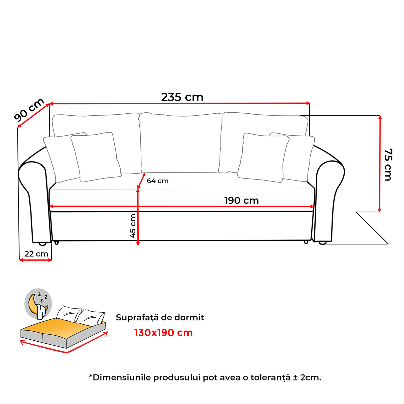 Colectia Sara - Canapea extensibila SAR235, 3 locuri, cu lada depozitare, 235x90x75 cm - ExpoMob