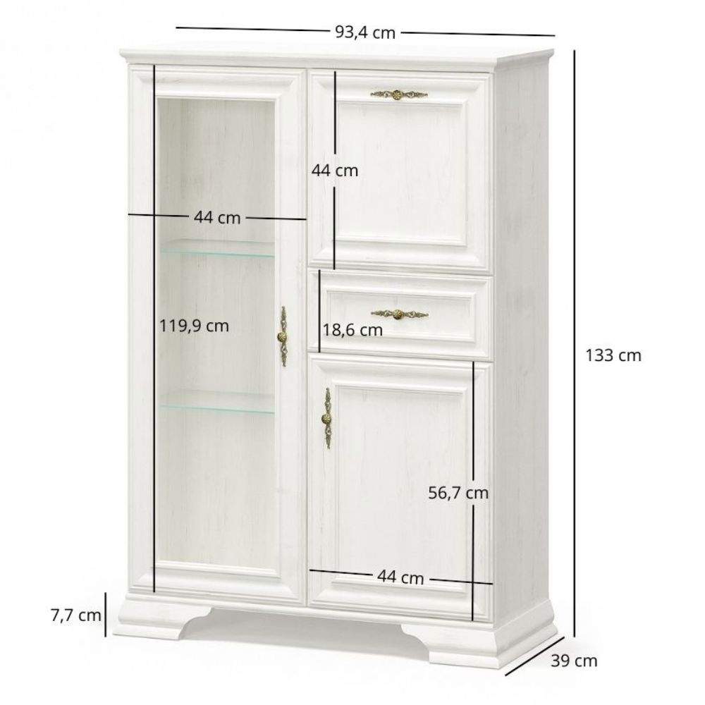Colectia IRYS - Comoda cu vitrina IRYS, 3 usi, 1 sertar, geam, pin anderson, 93,4x39x133 cm