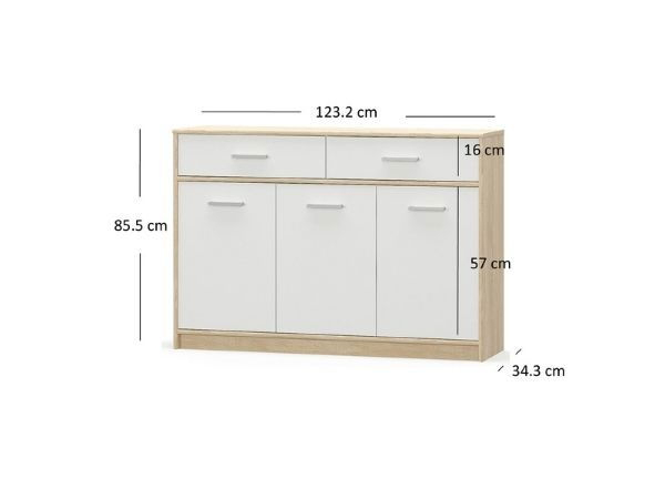 Colectia TIPS - Comoda TIPS, 3 usi, 2 sertare, stejar sonoma + alb, 123,2x34,3x85,5 cm