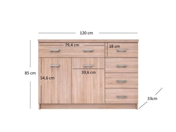 Colectia TOP MIX - Comoda TOP MIX, 2 usi, 5 sertare, stejar sonoma, 120x33x85 cm