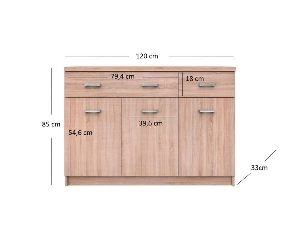 Colectii - Comoda TOP MIX, 3 usi, 2 sertare, stejar sonoma, 120x33x85 cm