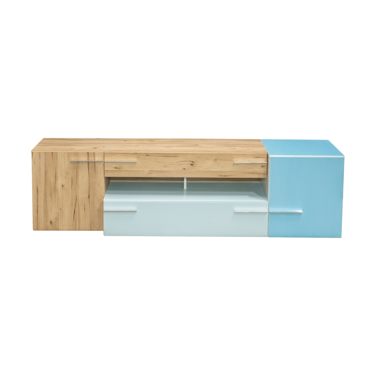 Comode - Comoda TV SIERO SORT131-N60, 2 usi, 2 sertare, stejar si alb lucios, 189,9x52,9x52,9 cm - ExpoMob