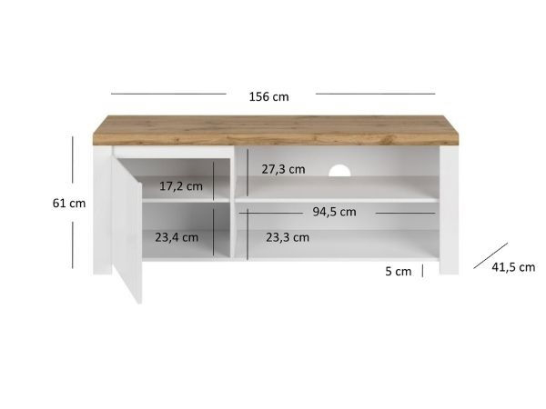 Colectia VIGO - Comoda TV VIGO, 1 usa, alb + stejar wotan, 156x41,5x61 cm
