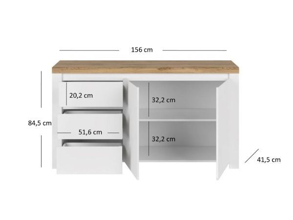 Colectia VIGO - Comoda VIGO, 2 usi, 3 sertare, alb + stejar wotan, 156x41,5x84,5 cm