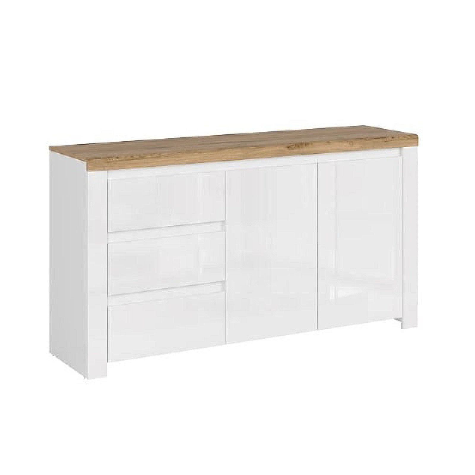 Colectia VIGO - Comoda VIGO, 2 usi, 3 sertare, alb + stejar wotan, 156x41,5x84,5 cm