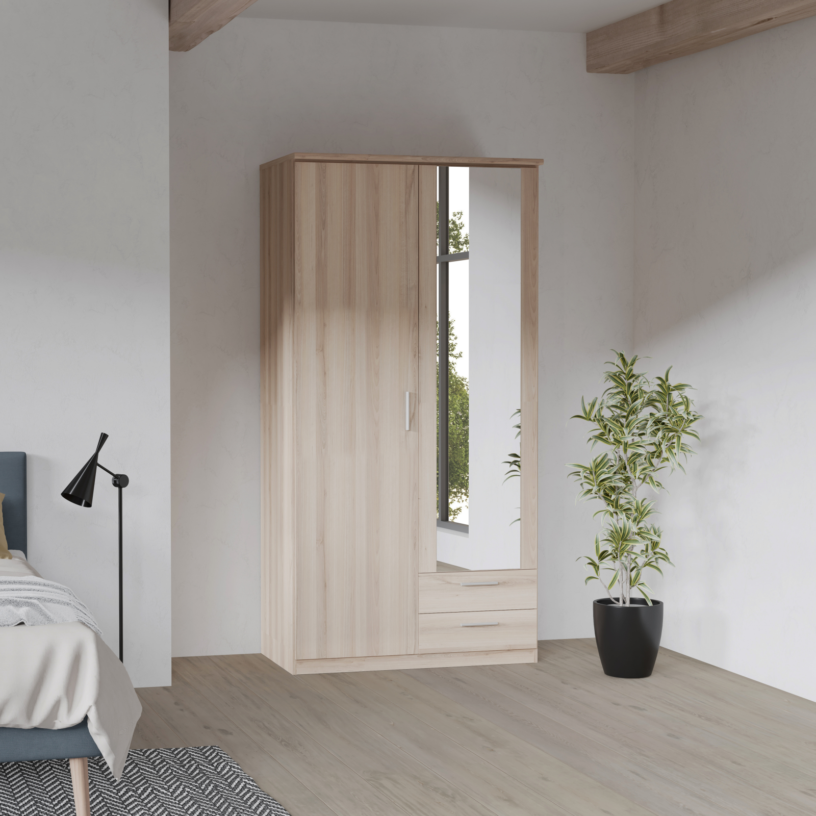 Dressinguri - Dulap BRTS822S-W14, 2 usi, 2 sertare, oglinda, 100.1x61.5x201.6 cm - ExpoMob