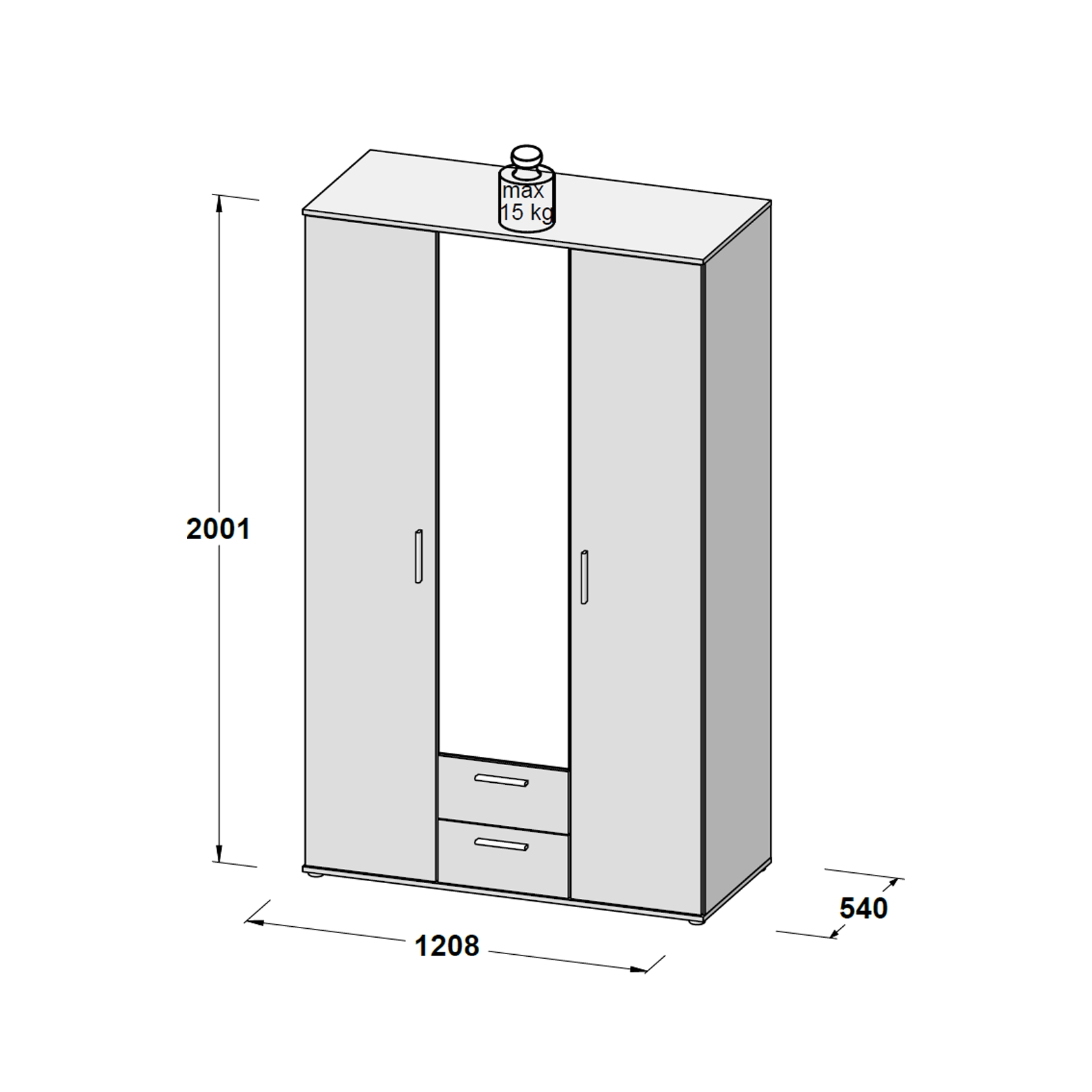 Dressinguri - Dulap NANO - NNS83S-C510, 3 usi, oglinda, 6 rafturi, bara de haine, stejar tabak + alb, 121x54x200,1 cm - ExpoMob