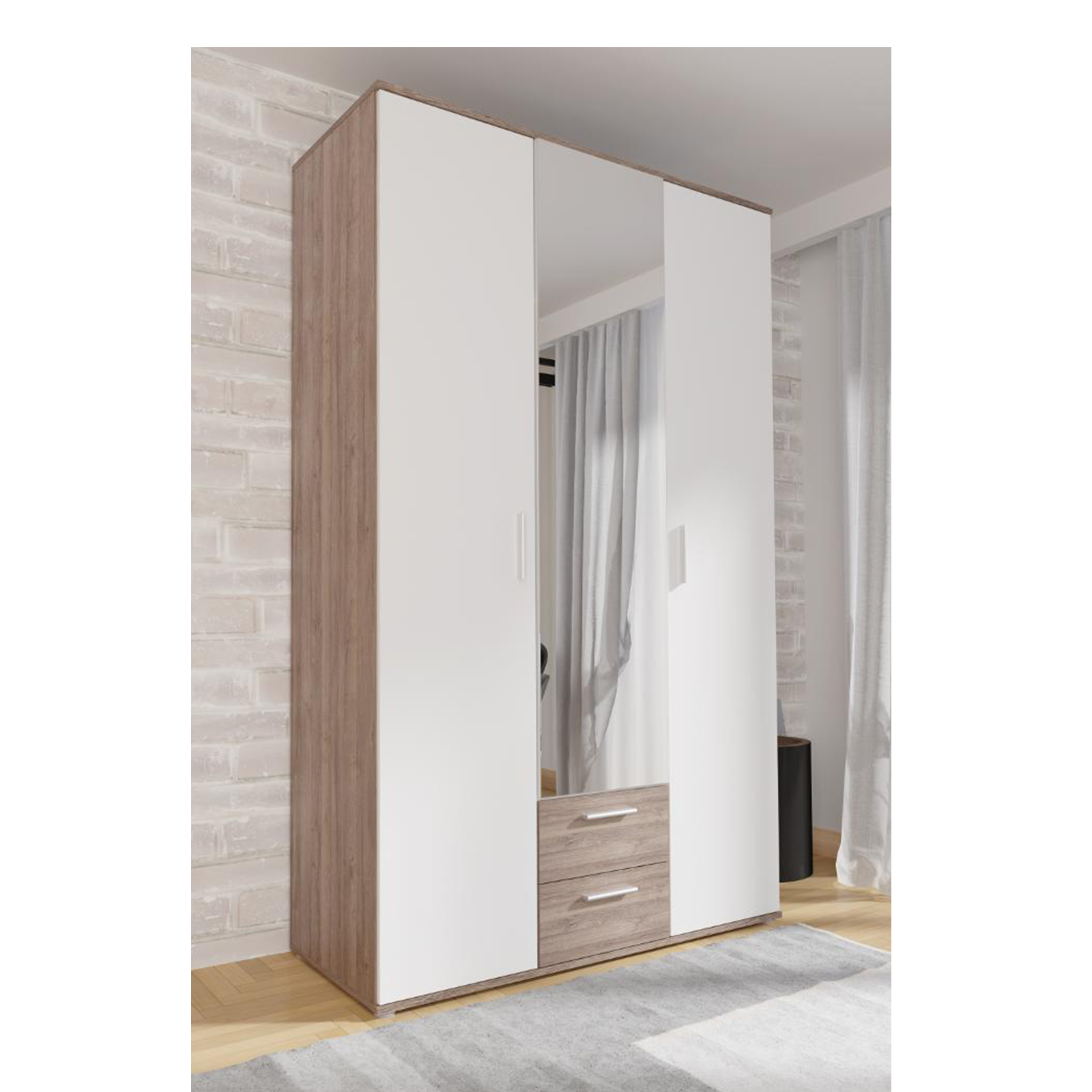 Dressinguri - Dulap NANO - NNS83S-C510, 3 usi, oglinda, 6 rafturi, bara de haine, stejar tabak + alb, 121x54x200,1 cm - ExpoMob