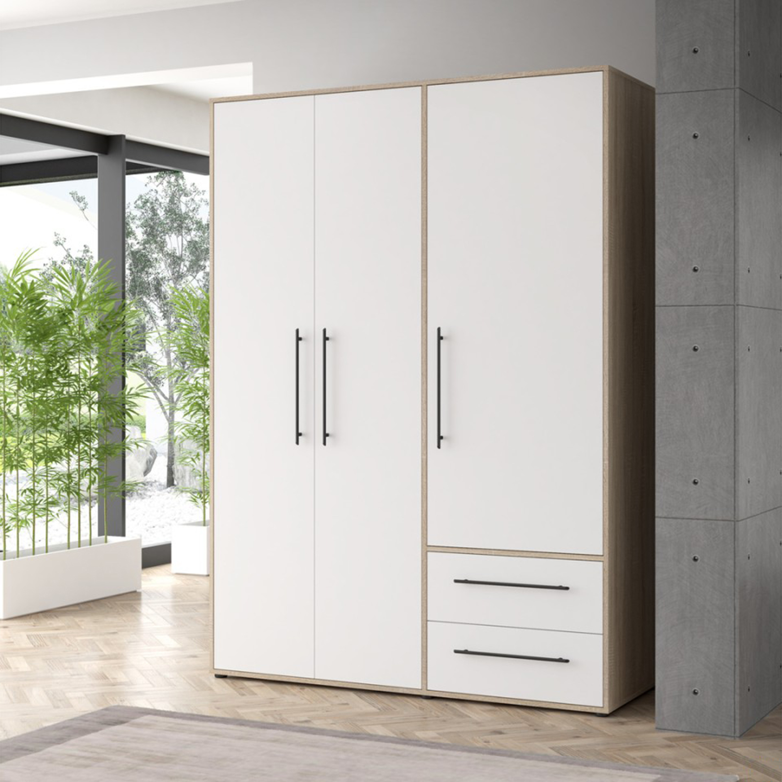 Dulapuri cu usi glisante - Dulap pentru haine MKSS833-Q36, 3 usi, rafturi, sertare, bara de haine, corp sonoma + fronturi alb, 144x58x200 cm - ExpoMob