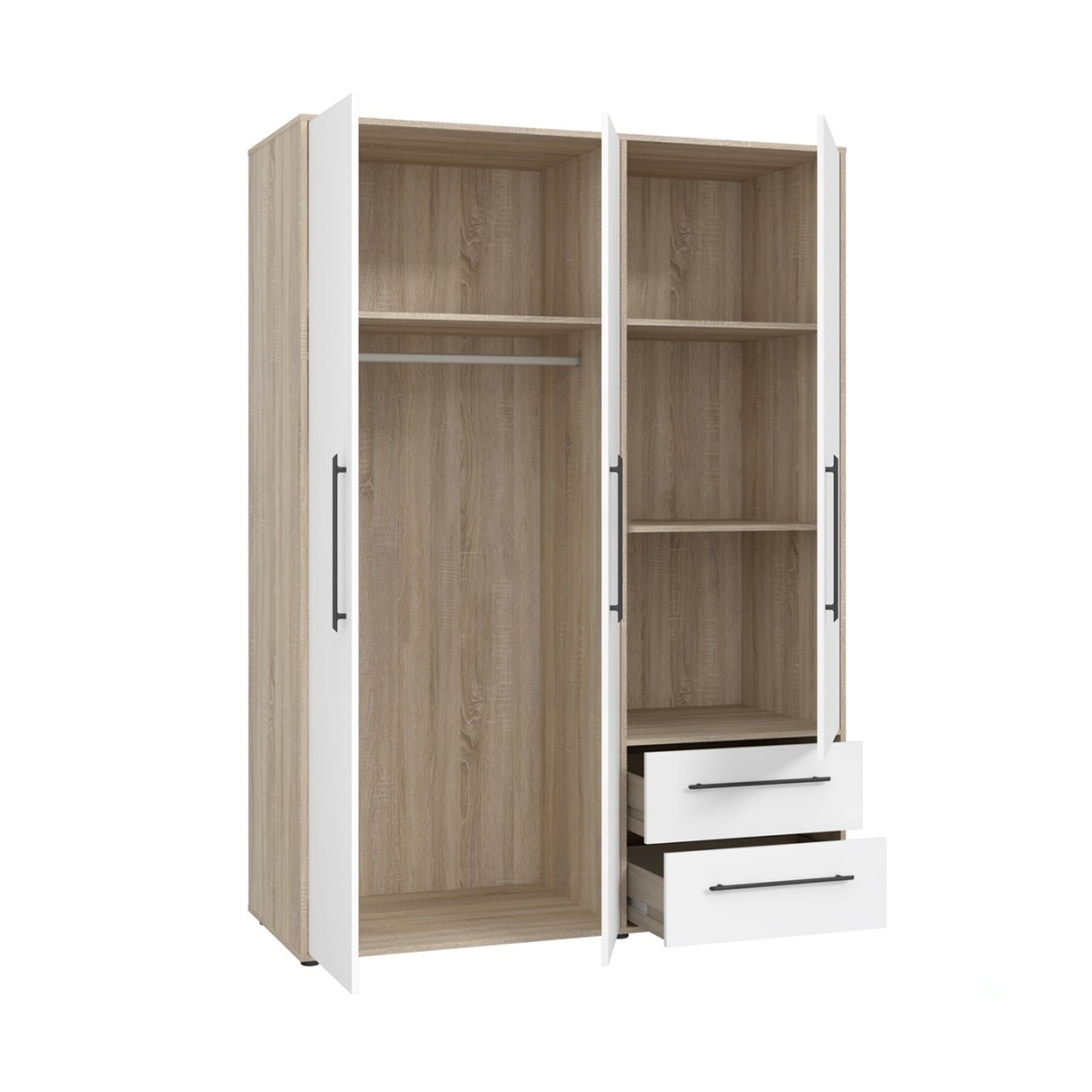 Dulapuri cu usi glisante - Dulap pentru haine MKSS833-Q36, 3 usi, rafturi, sertare, bara de haine, corp sonoma + fronturi alb, 144x58x200 cm - ExpoMob