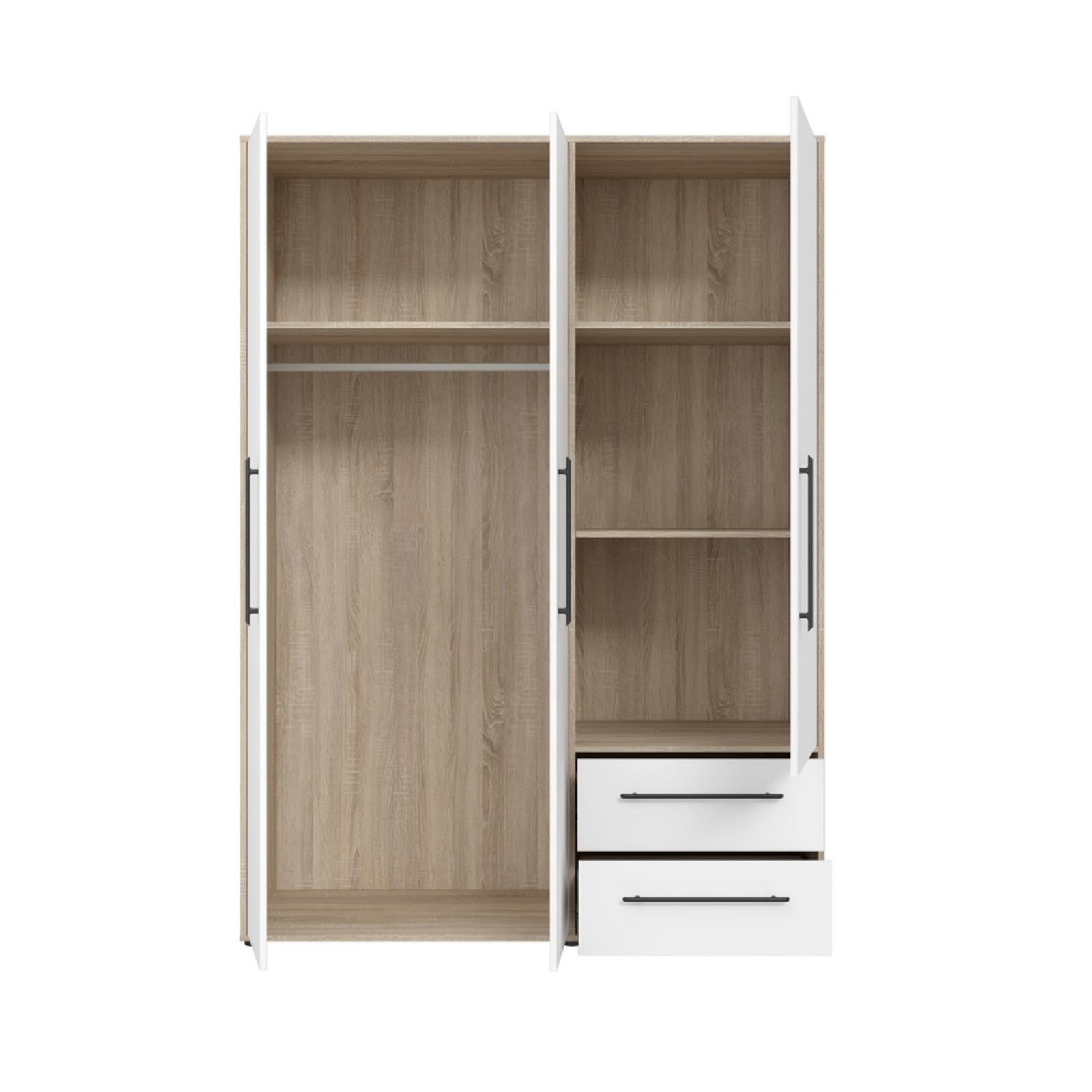Dulapuri cu usi glisante - Dulap pentru haine MKSS833-Q36, 3 usi, rafturi, sertare, bara de haine, corp sonoma + fronturi alb, 144x58x200 cm - ExpoMob
