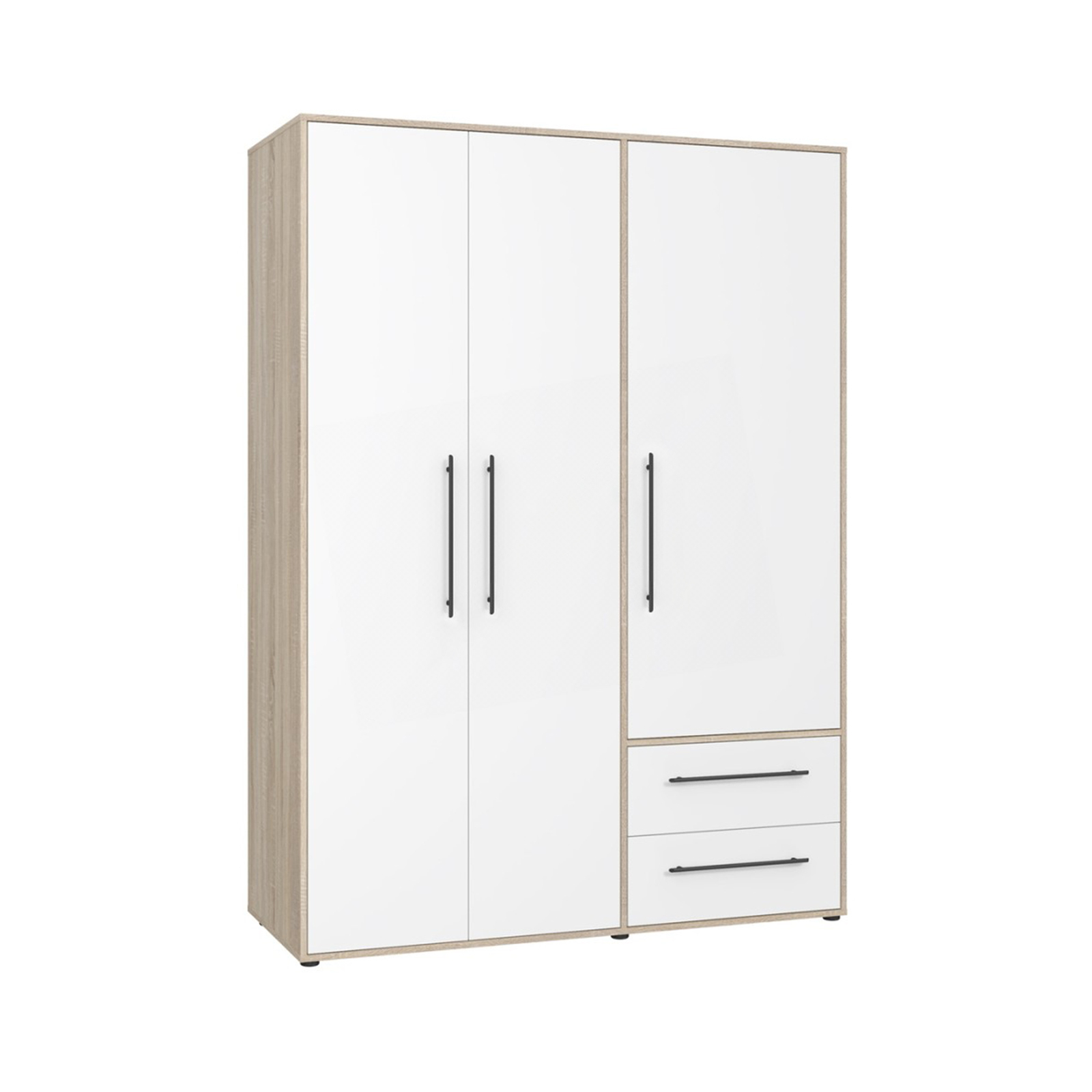 Dulapuri cu usi glisante - Dulap pentru haine MKSS833-Q36, 3 usi, rafturi, sertare, bara de haine, corp sonoma + fronturi alb, 144x58x200 cm - ExpoMob