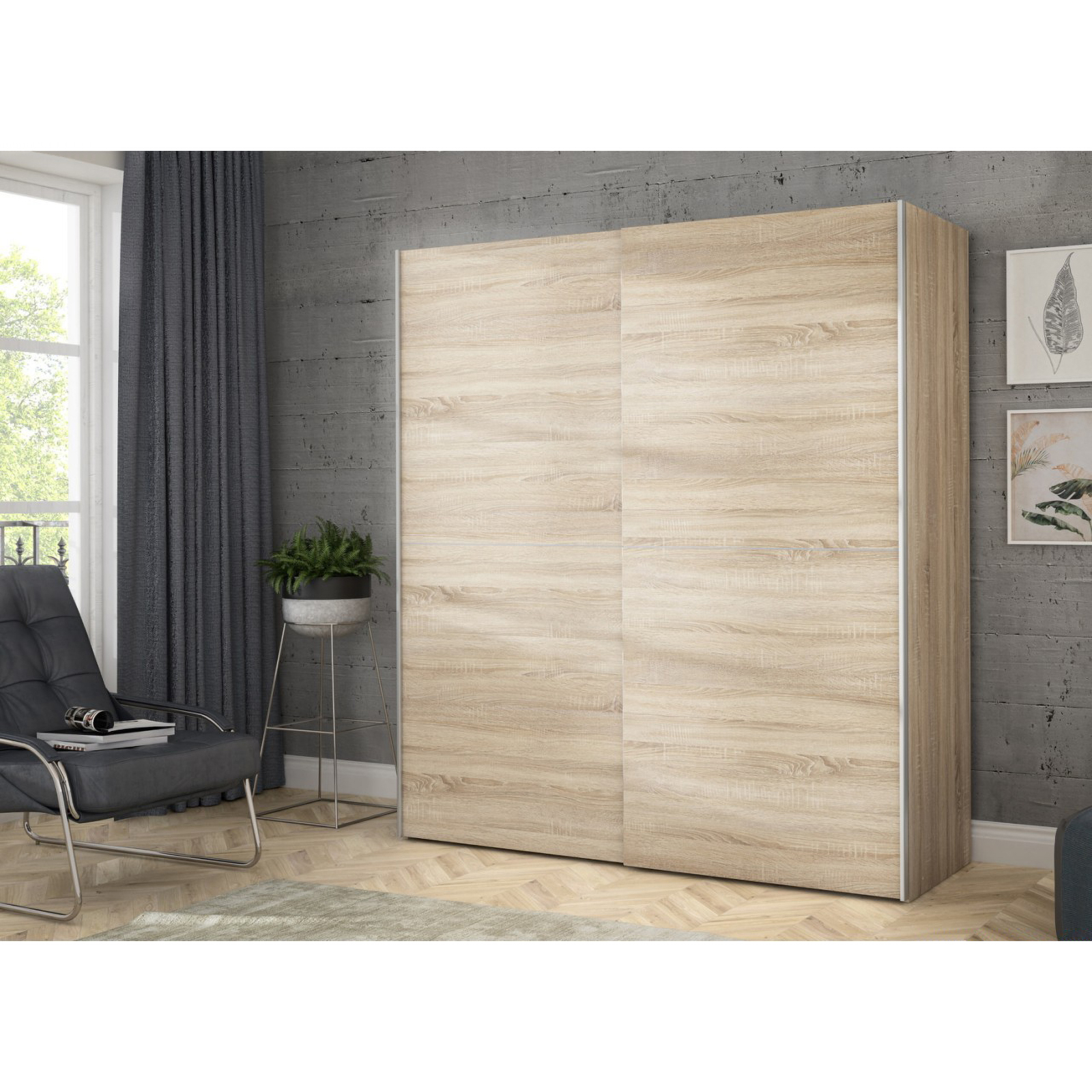 Dulapuri cu usi glisante - Dulap pentru haine W3NS82232-D30F, usi glisante, rafturi, bara de haine, sonoma, 170x61x190 cm - ExpoMob