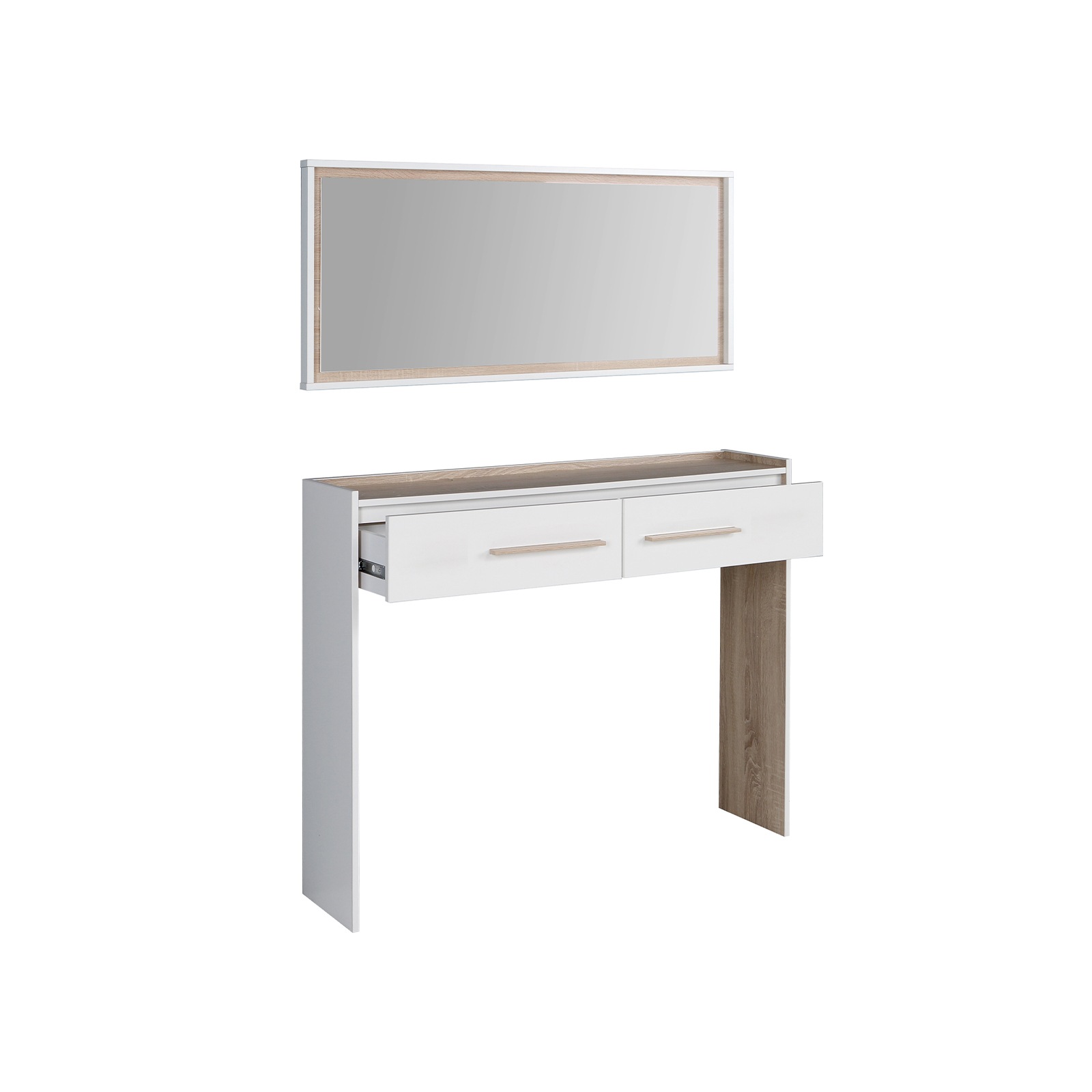 Mobila hol alba - Masuta hol NERKOZZA, 2 sertare, corp alb, fronturi sonoma, 112,7x25,8x170 cm - ExpoMob