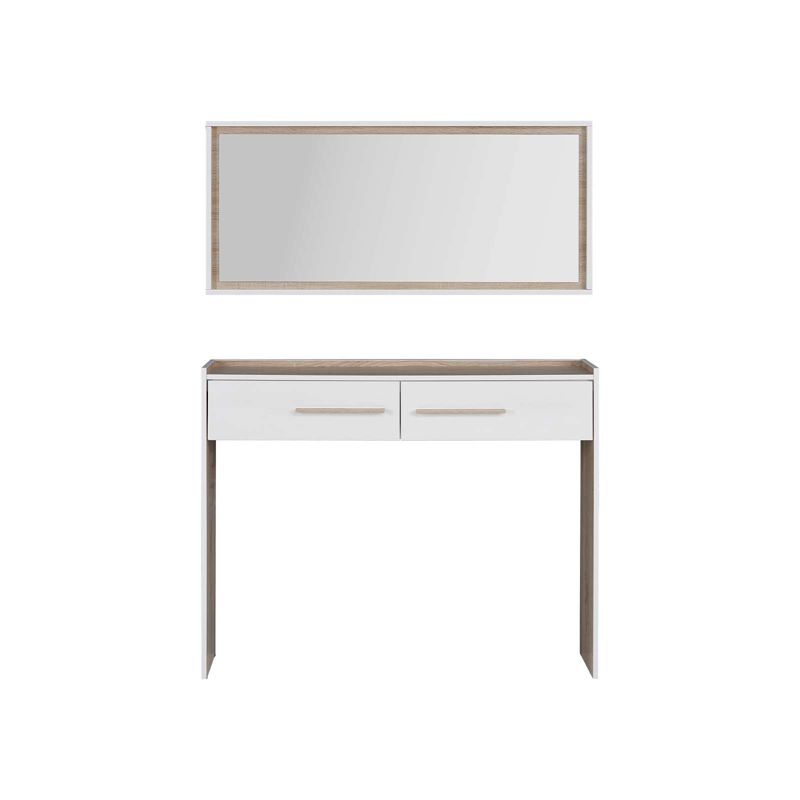 Mobila hol alba - Masuta hol NERKOZZA, 2 sertare, corp alb, fronturi sonoma, 112,7x25,8x170 cm - ExpoMob