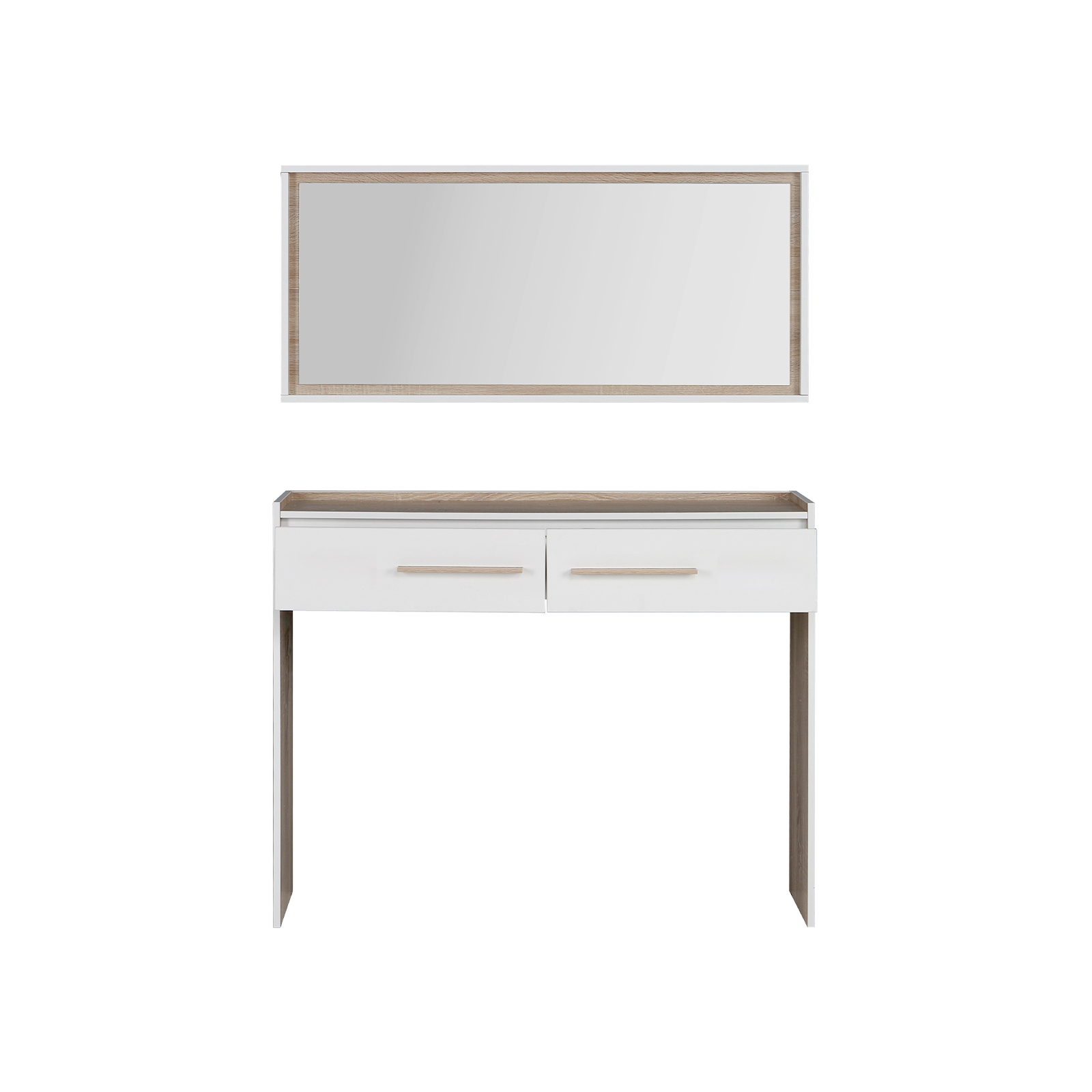 Mobila hol alba - Masuta hol NERKOZZA, 2 sertare, corp alb, fronturi sonoma, 112,7x25,8x170 cm - ExpoMob