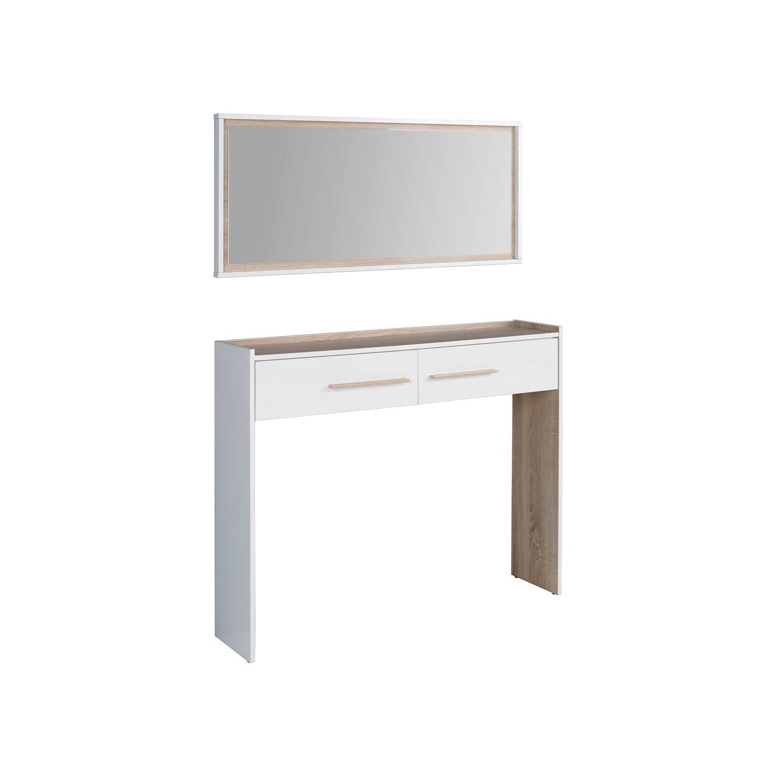 Mobila hol alba - Masuta hol NERKOZZA, 2 sertare, corp alb, fronturi sonoma, 112,7x25,8x170 cm - ExpoMob