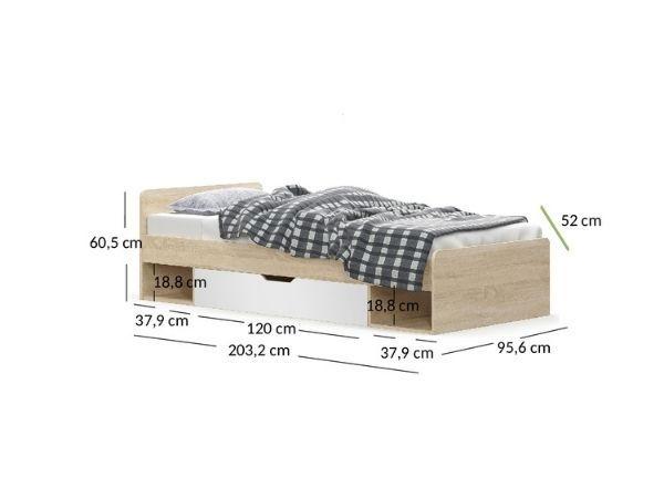 Colectia TIPS - Pat cu sertar TIPS 90x200 cm, stejar sonoma + alb, 203,2x95,6x60,5 cm