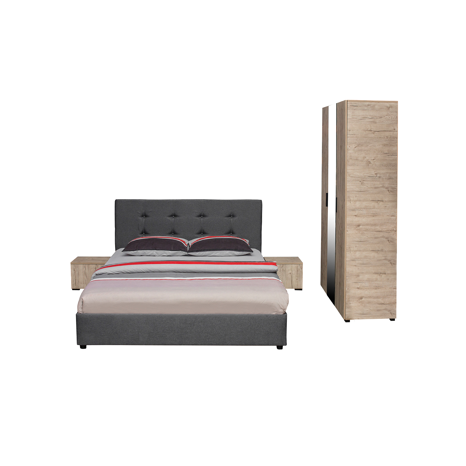 Dormitoare - Set dormitor ECONO, 4 piese, pat 140x200 cm, dulap 3 usi, 2 noptiere, sherwood + gri - ExpoMob