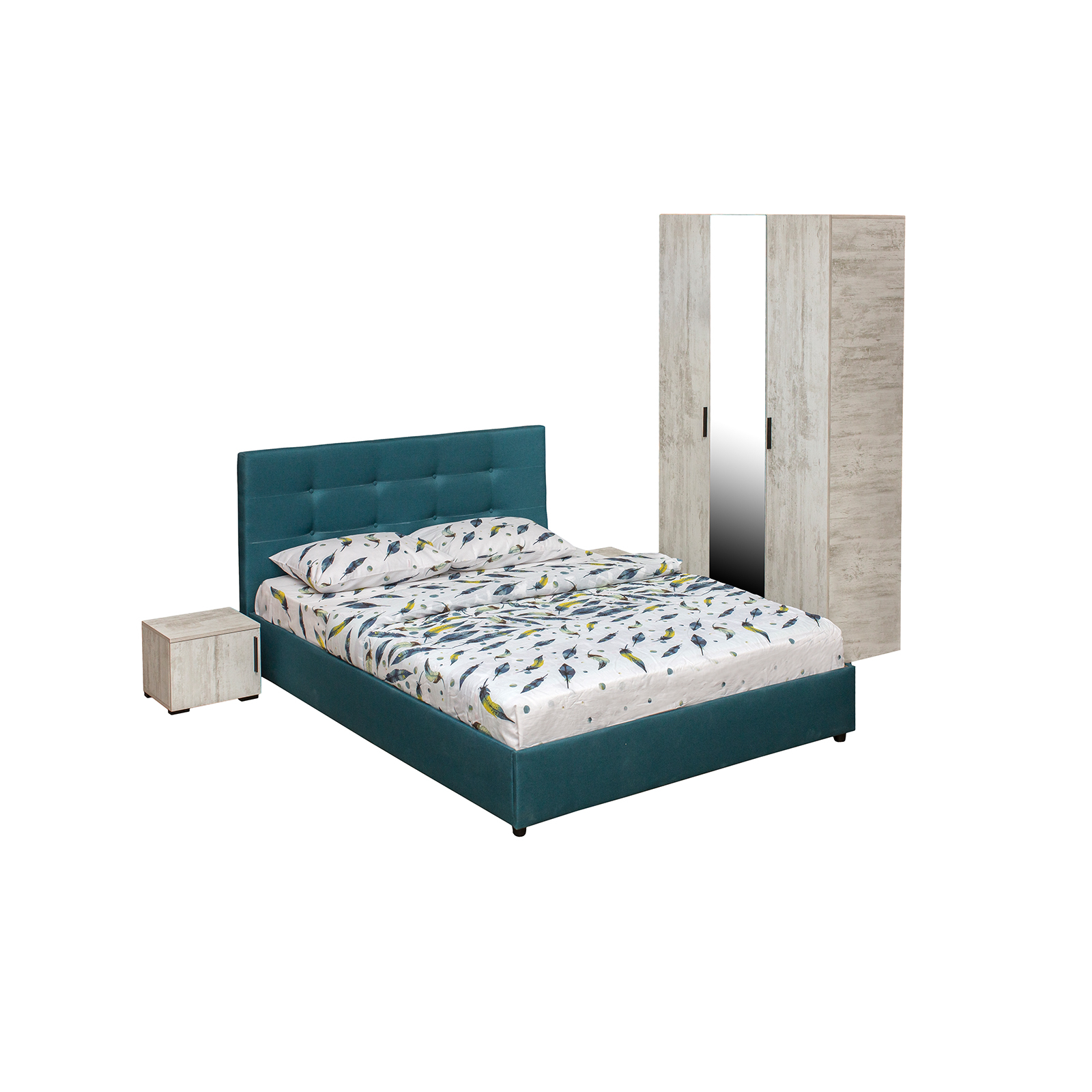 Dormitoare - Set dormitor ECONO, 4 piese, pat 140x200 cm, dulap 3 usi, 2 noptiere, pin antichizat + turcoaz - ExpoMob