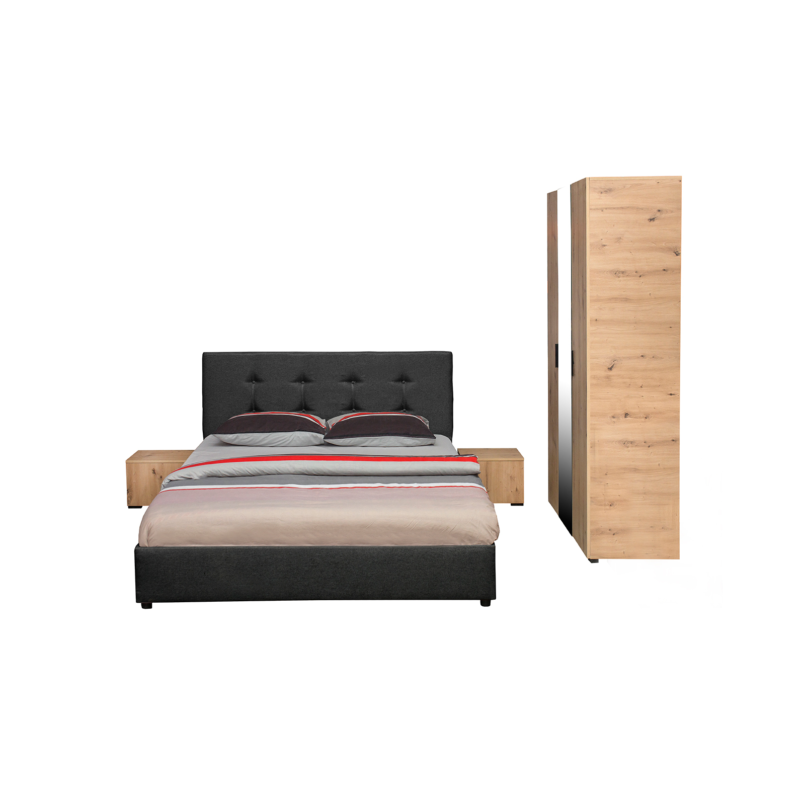 Dormitoare - Set dormitor ECONO, 4 piese, pat 140x200 cm, dulap 3 usi, 2 noptiere, artisan + gri antracit - ExpoMob