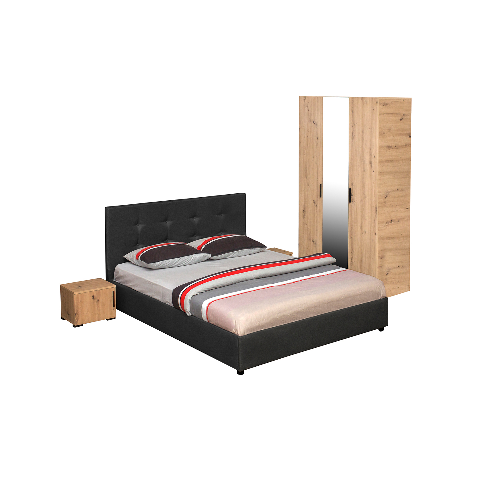 Dormitoare - Set dormitor ECONO, 4 piese, pat 140x200 cm, dulap 3 usi, 2 noptiere, artisan + gri antracit - ExpoMob