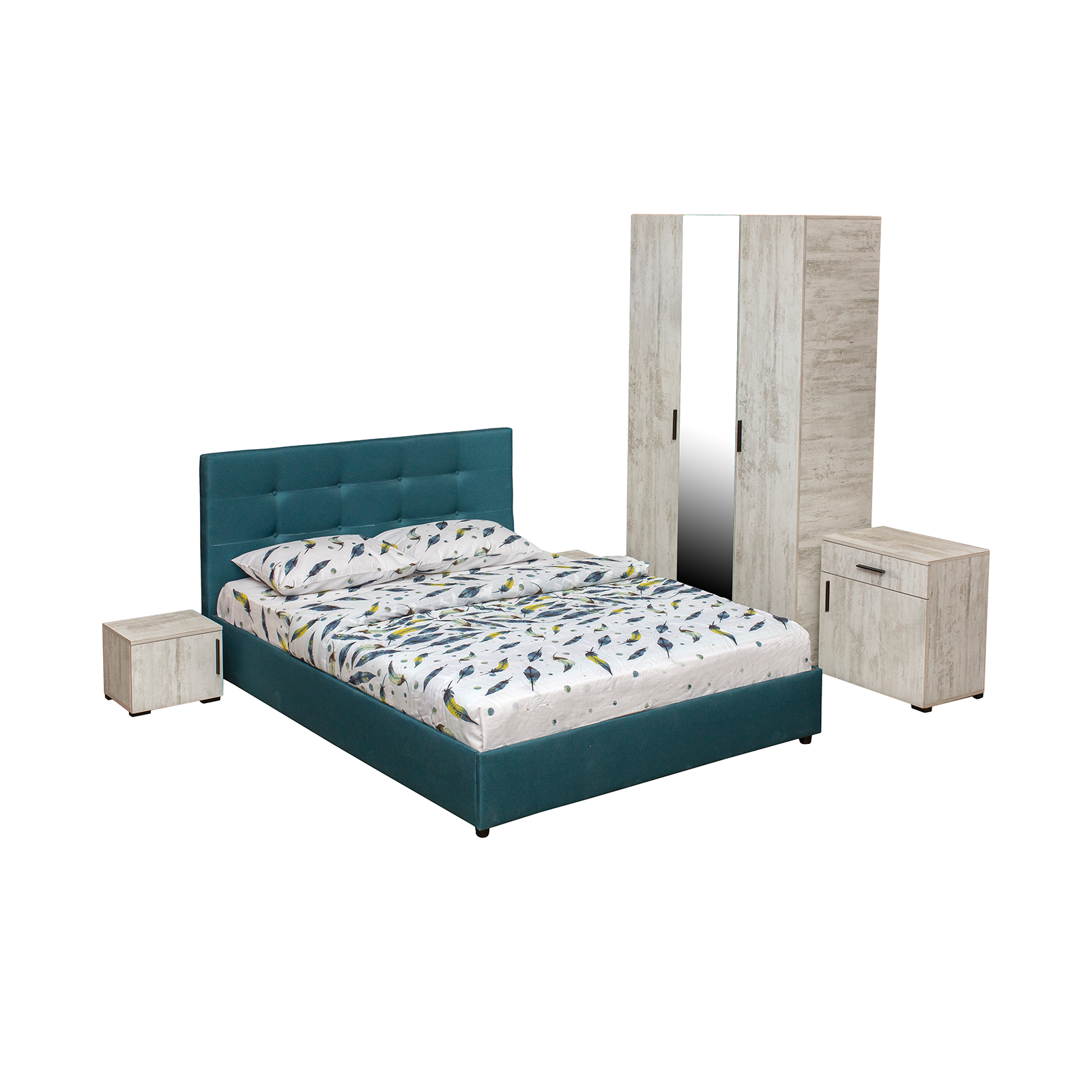 Dormitoare - Set dormitor ECONO, 5 piese, pat 140x200 cm, dulap 3 usi, comoda, 2 noptiere, pin antichizat + turcoaz - ExpoMob