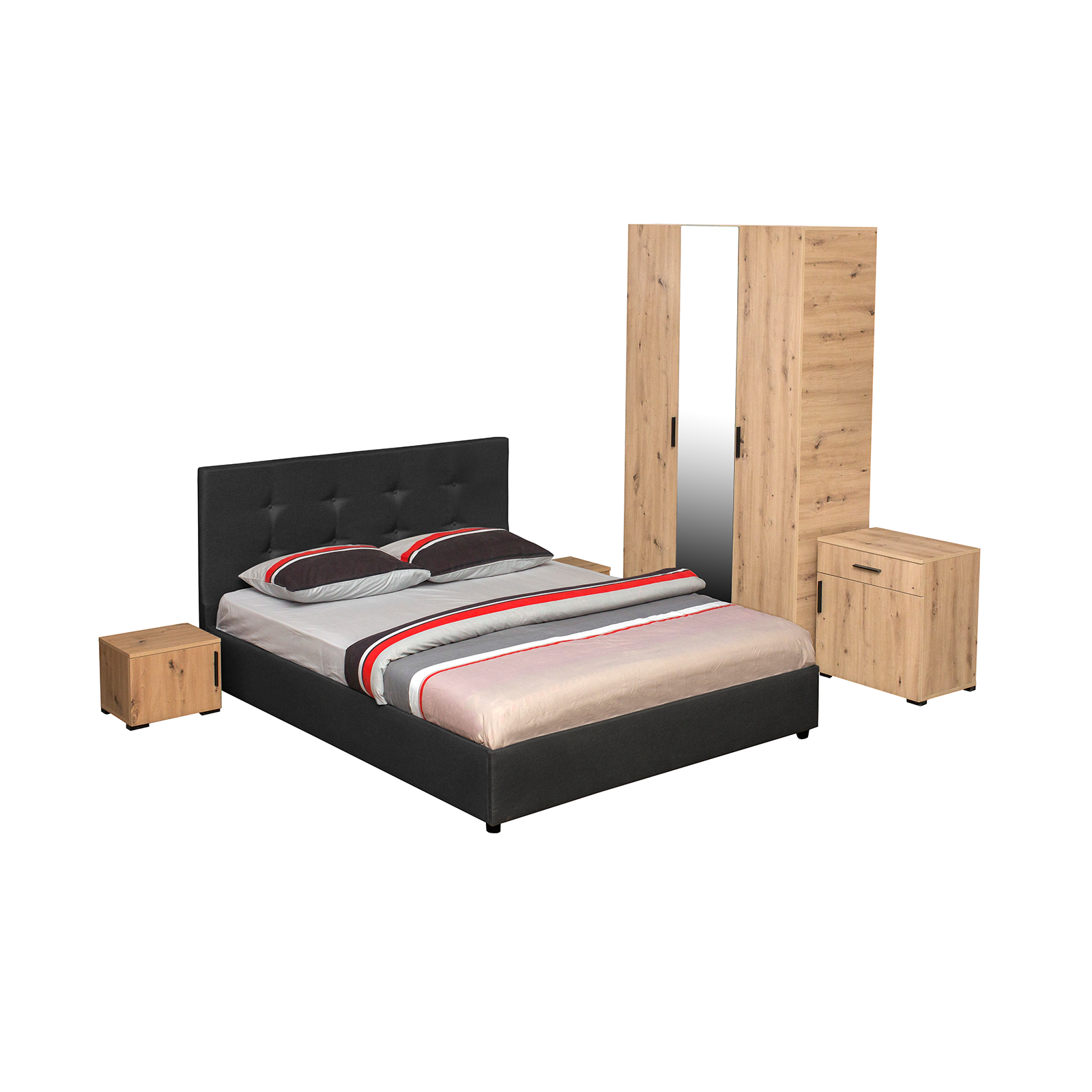 Dormitoare - Set dormitor ECONO, 5 piese, pat 160x200 cm, dulap 3 usi, comoda, 2 noptiere, artisan + gri antracit - ExpoMob