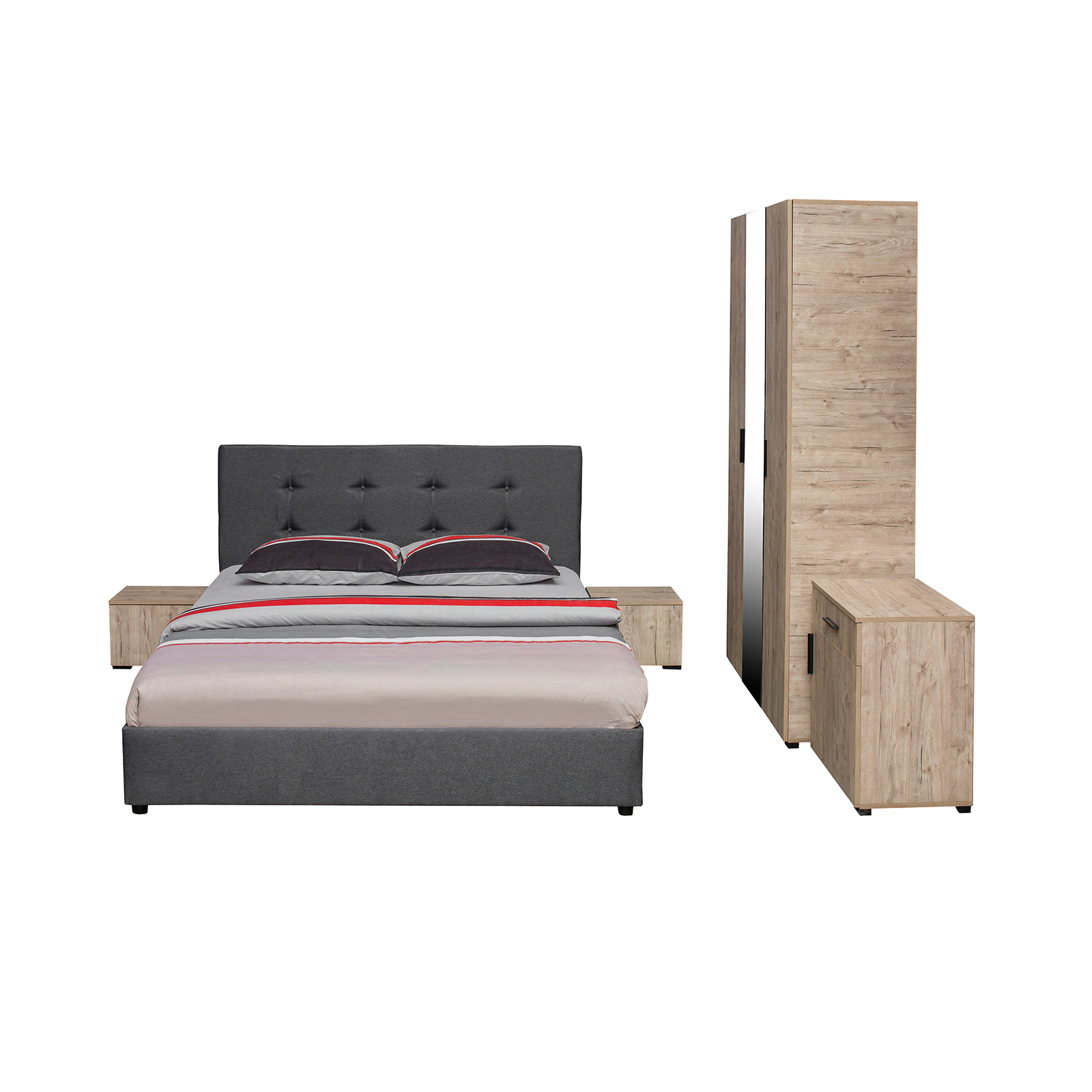 Dormitoare - Set dormitor ECONO, 5 piese, pat 140x200 cm, dulap 3 usi, comoda, 2 noptiere, sherwood + gri - ExpoMob