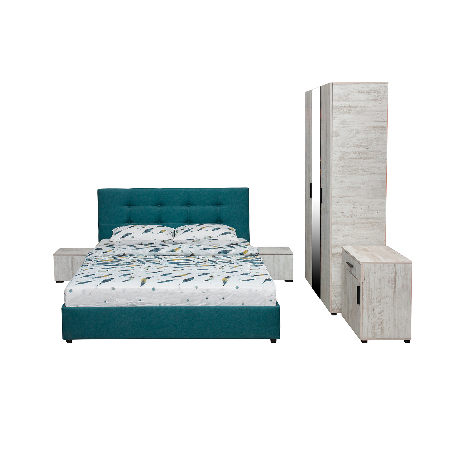 Dormitoare - Set dormitor ECONO, 5 piese, pat 140x200 cm, dulap 3 usi, comoda, 2 noptiere, pin antichizat + turcoaz - ExpoMob