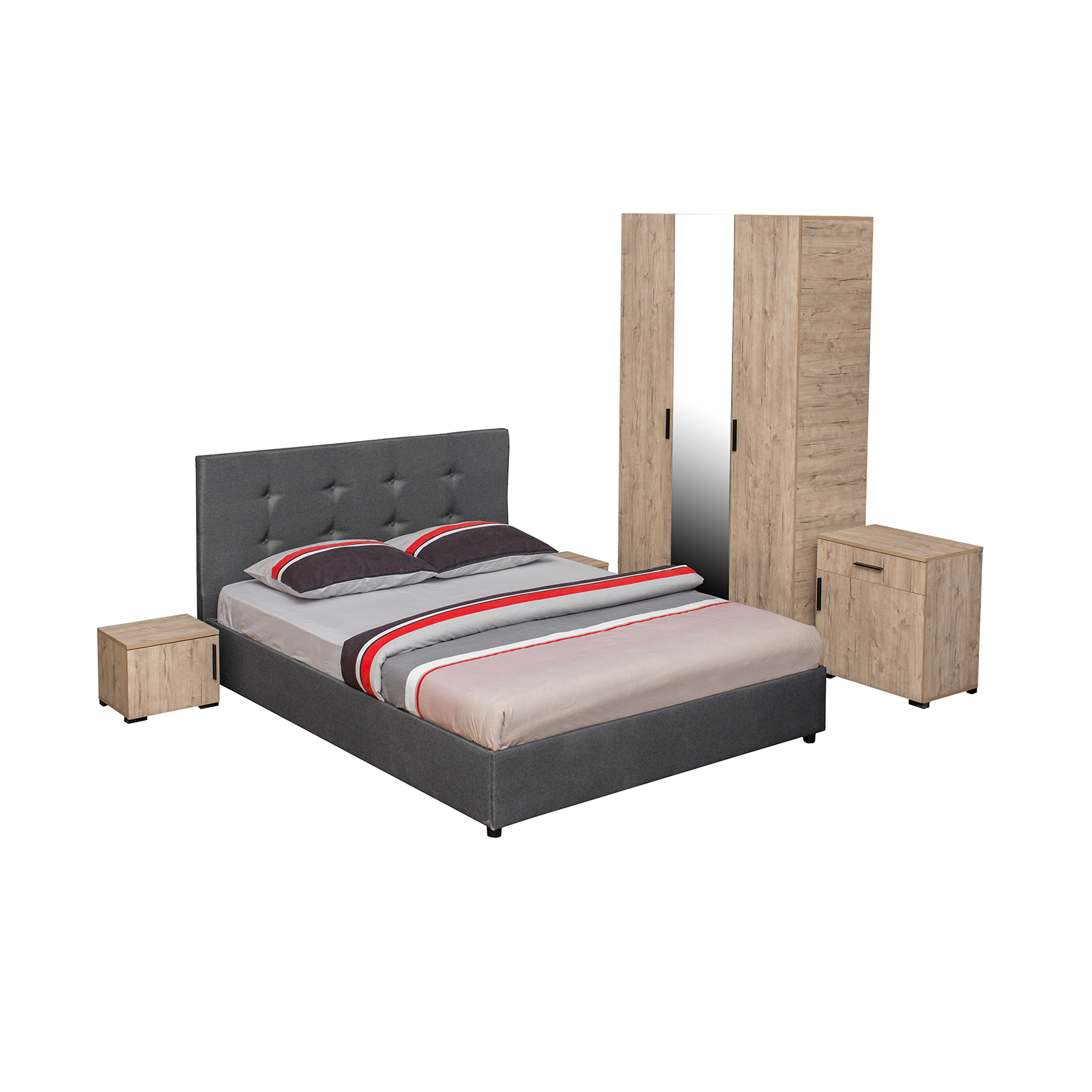 Dormitoare - Set dormitor ECONO, 5 piese, pat 160x200 cm, dulap 3 usi, comoda, 2 noptiere, sherwood + gri - ExpoMob