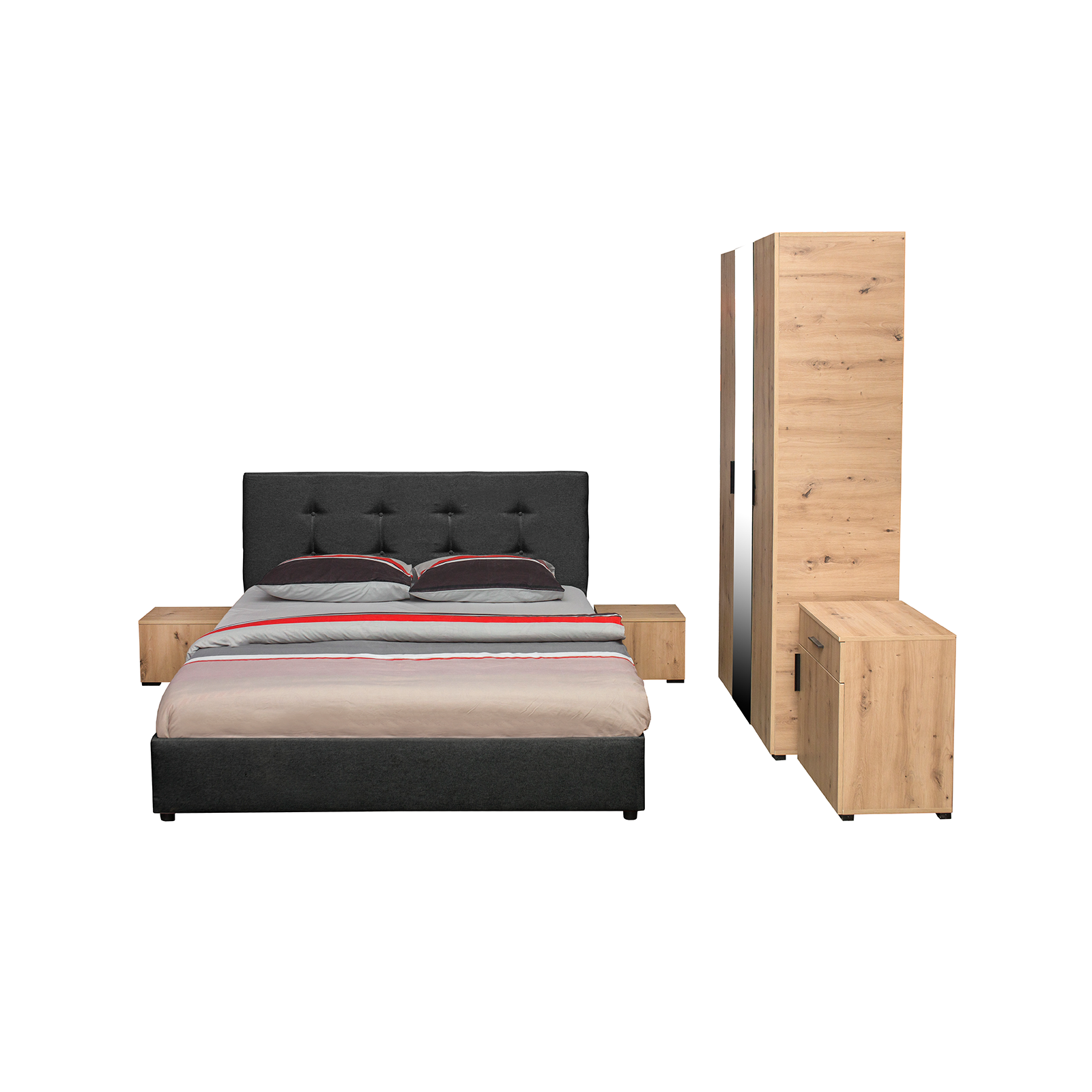 Dormitoare - Set dormitor ECONO, 5 piese, pat 160x200 cm, dulap 3 usi, comoda, 2 noptiere, artisan + gri antracit - ExpoMob