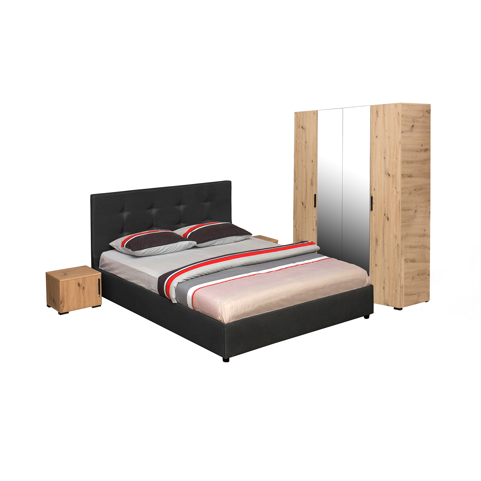 Dormitoare - Set dormitor ECONO, 4 piese, pat 160x200 cm, dulap 4 usi, 2 noptiere, artisan + gri antracit - ExpoMob