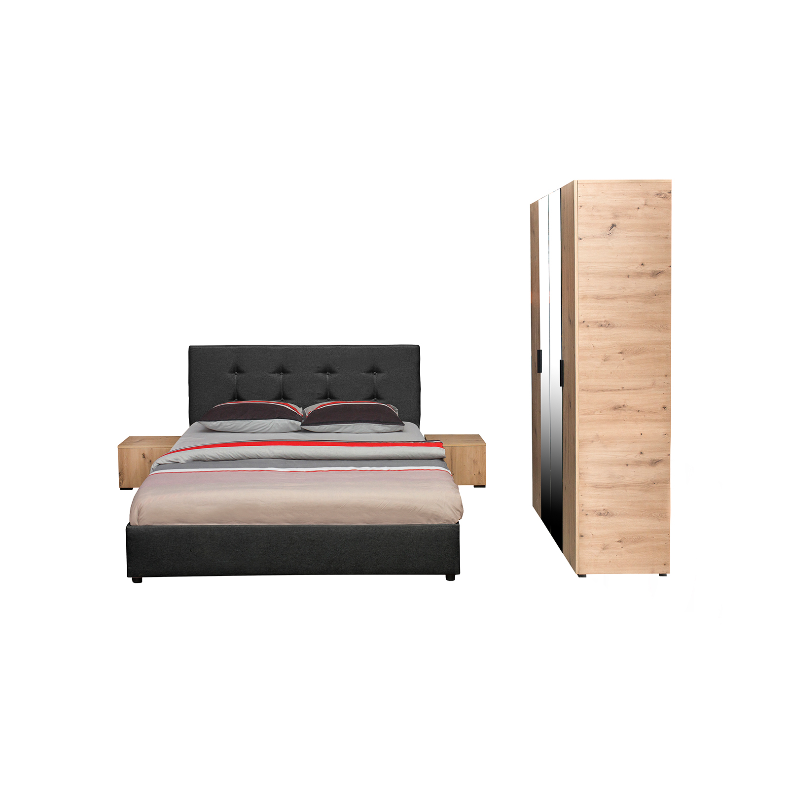 Dormitoare - Set dormitor ECONO, 4 piese, pat 160x200 cm, dulap 4 usi, 2 noptiere, artisan + gri antracit - ExpoMob