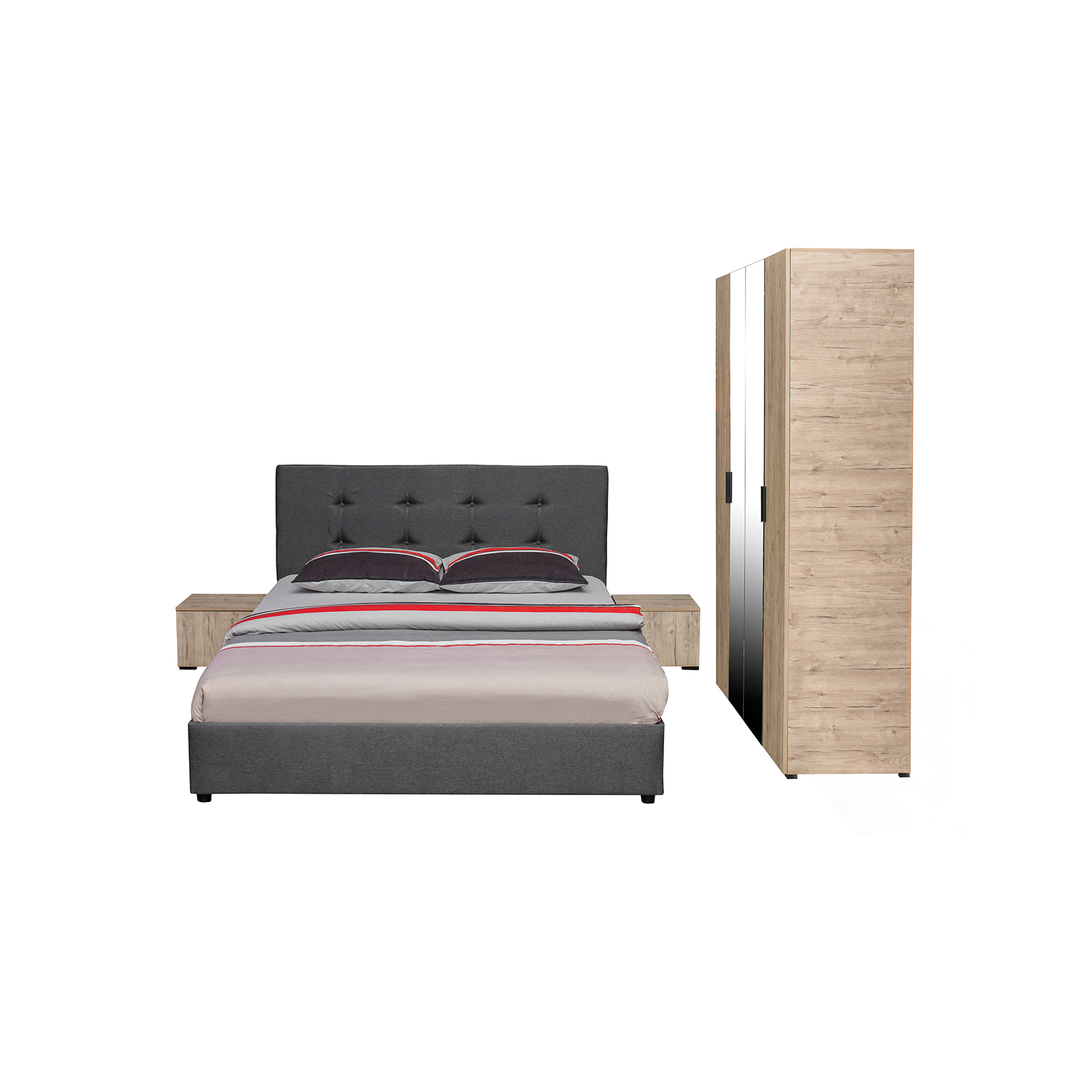 Dormitoare - Set dormitor ECONO, 4 piese, pat 160x200 cm, dulap 4 usi, 2 noptiere, sherwood + gri - ExpoMob