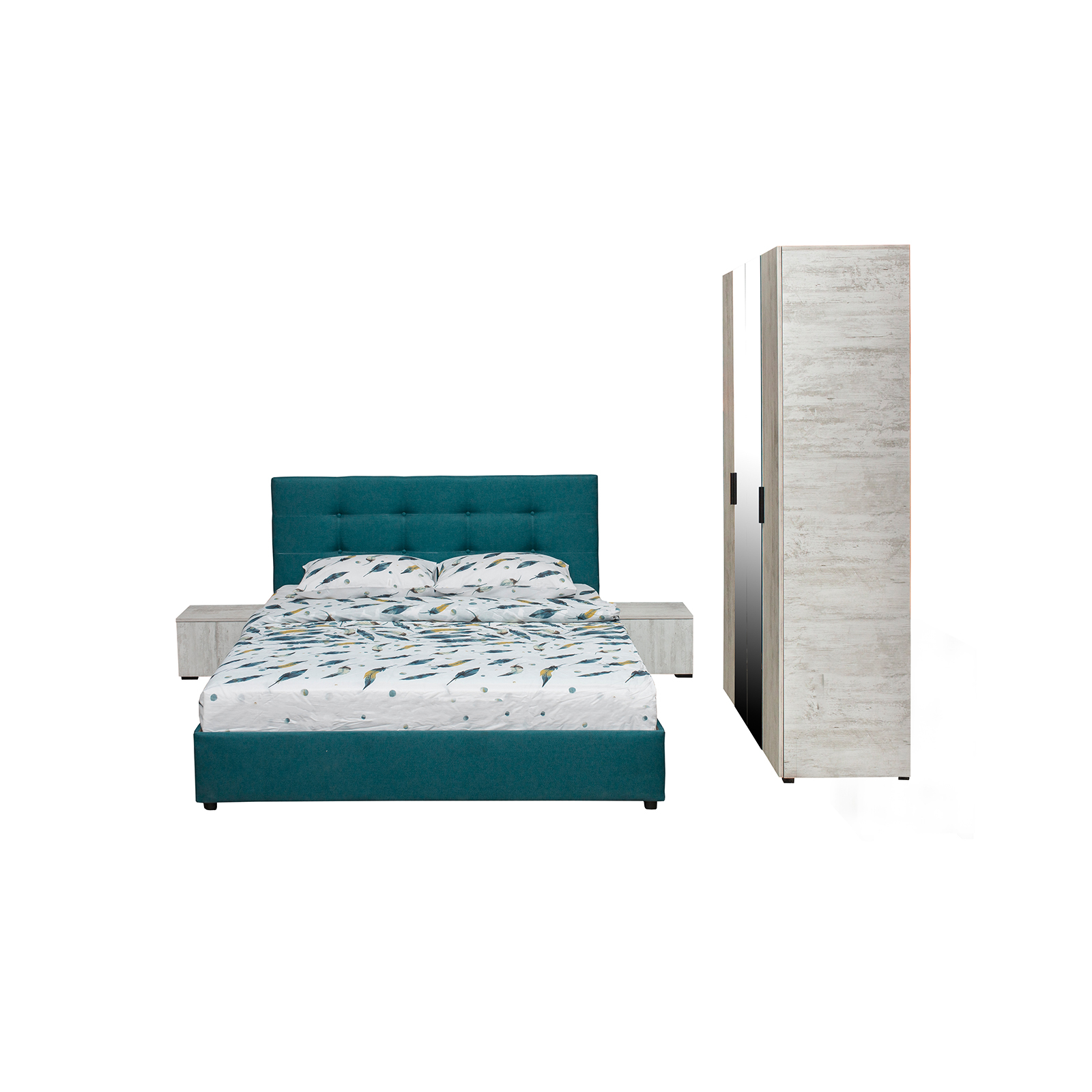 Dormitoare - Set dormitor ECONO, 4 piese, pat 140x200 cm, dulap 4 usi, 2 noptiere, pin antichizat + turcoaz - ExpoMob