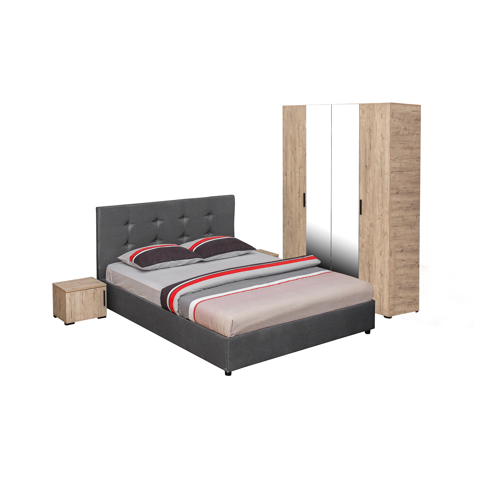 Dormitoare - Set dormitor ECONO, 4 piese, pat 160x200 cm, dulap 4 usi, 2 noptiere, sherwood + gri - ExpoMob