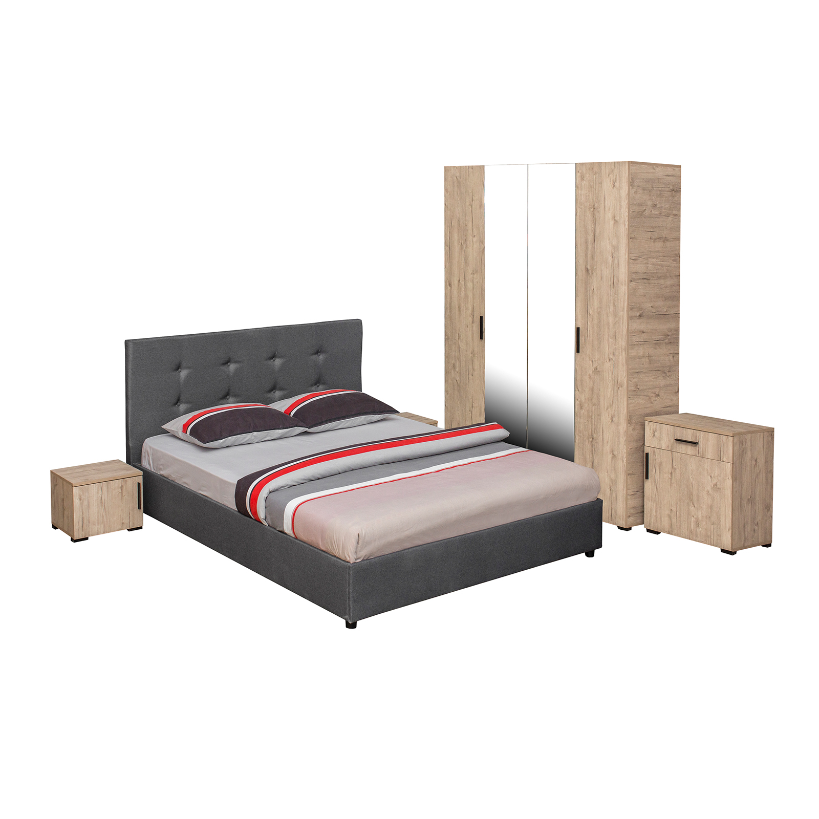 Dormitoare - Set dormitor ECONO, 5 piese, pat 160x200 cm, dulap 4 usi, comoda, 2 noptiere, sherwood + gri - ExpoMob