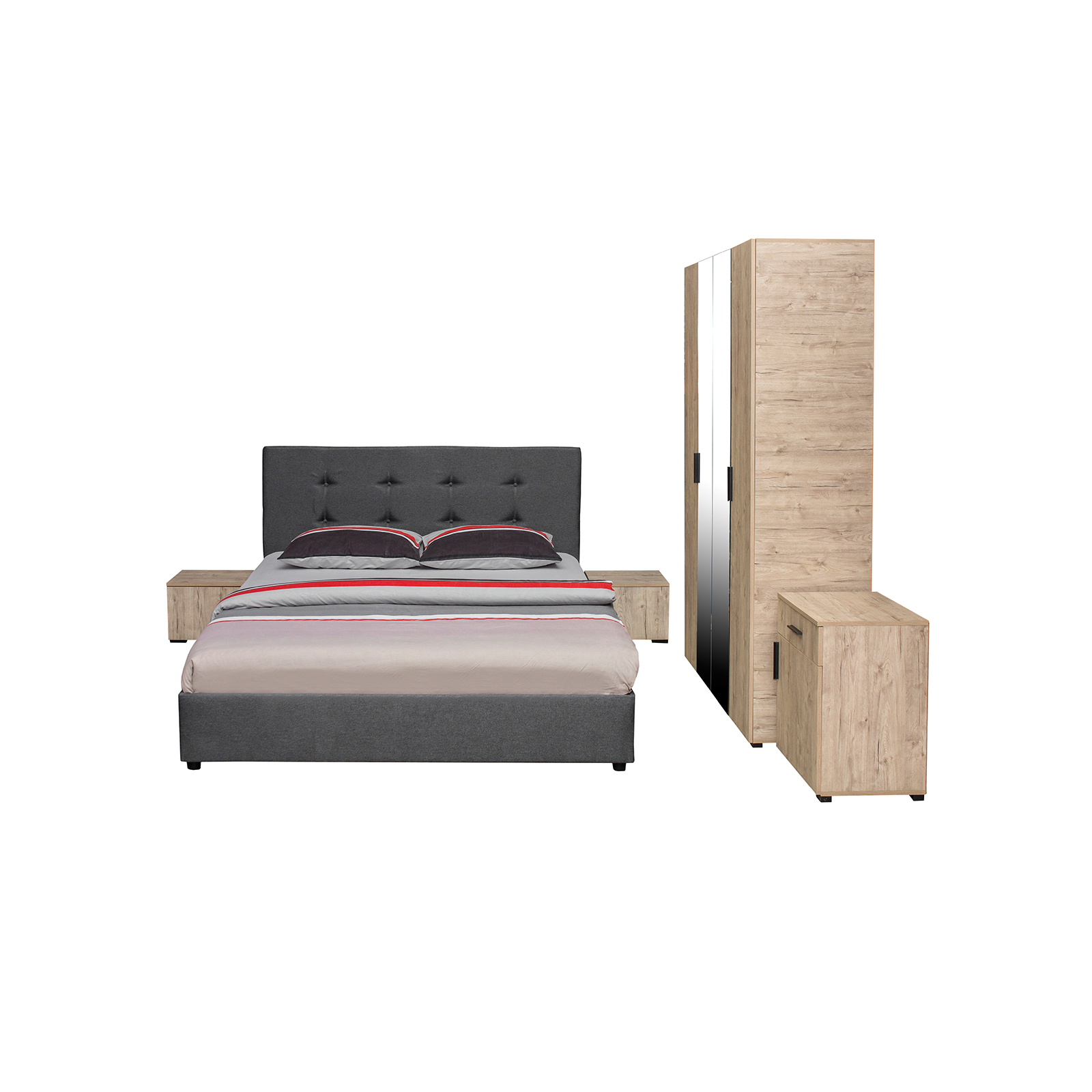 Dormitoare - Set dormitor ECONO, 5 piese, pat 160x200 cm, dulap 4 usi, comoda, 2 noptiere, sherwood + gri - ExpoMob