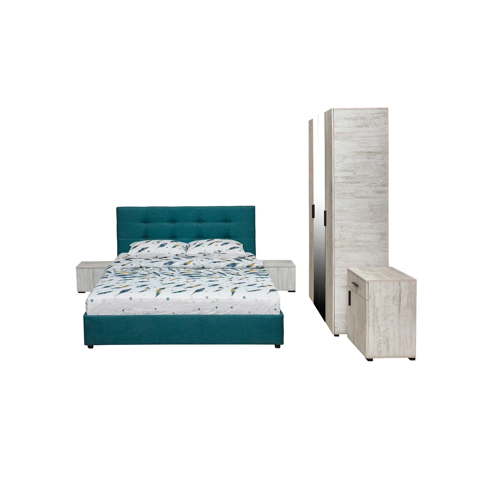 Dormitoare - Set dormitor ECONO, 5 piese, pat 160x200 cm, dulap 4 usi, comoda, 2 noptiere, pin antichizat + turcoaz - ExpoMob
