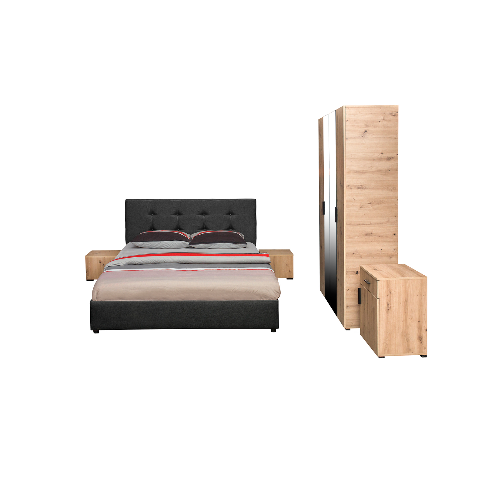 Dormitoare - Set dormitor ECONO, 5 piese, pat 160x200 cm, dulap 4 usi, comoda, 2 noptiere, artisan + gri antracit - ExpoMob