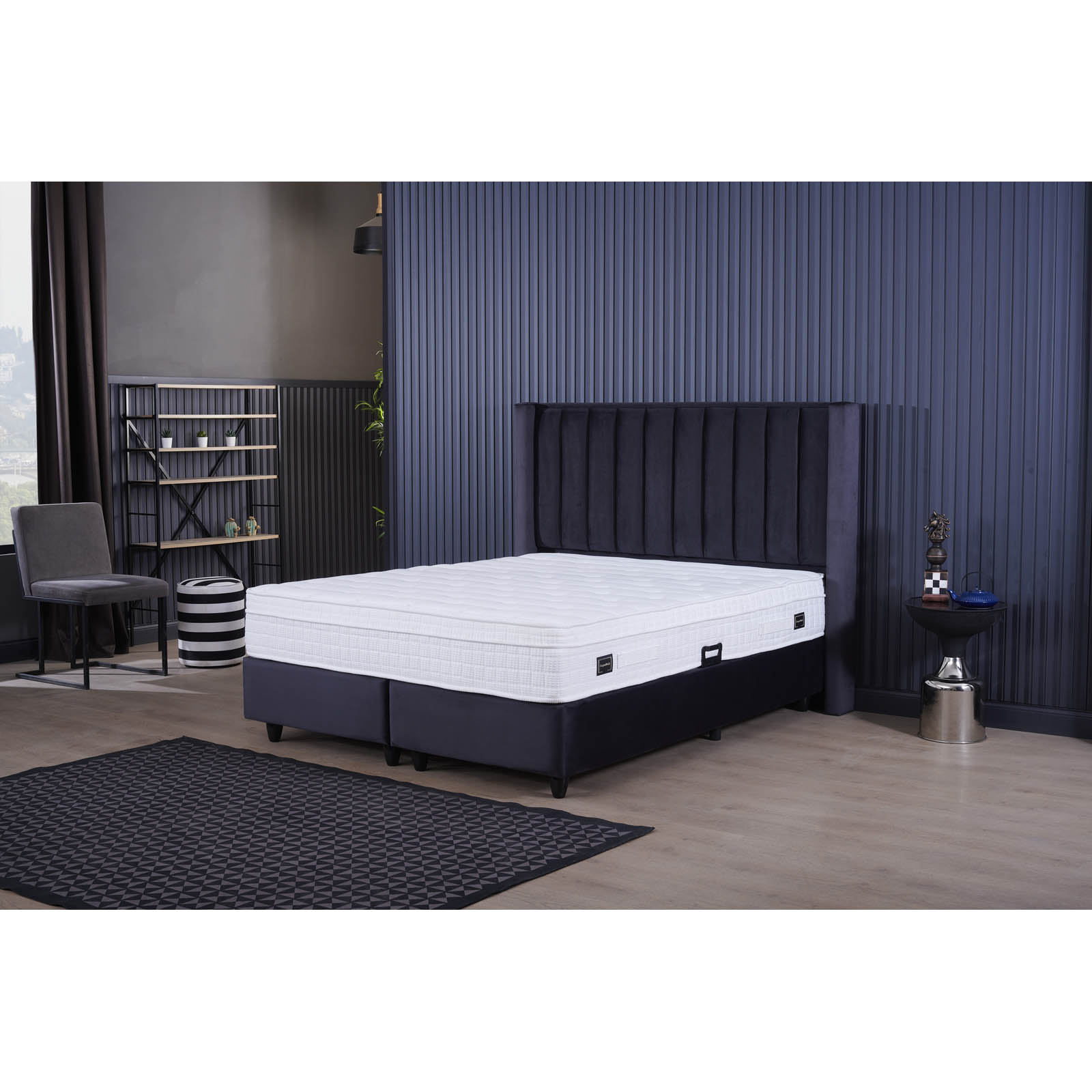 Paturi - Set Pat tapitat BLACK, 160x200 cm, lada depozitare, negru + Saltea CROWN, cu arcuri, 160x200 cm, H 27 cm - ExpoMob