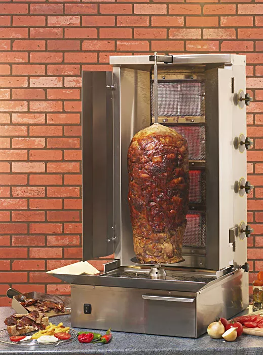 Aparate profesionale kebab/shaorma - Aparat kebab/shaorma pe gaz cu 4 arzatoare, 40 kg de carne
