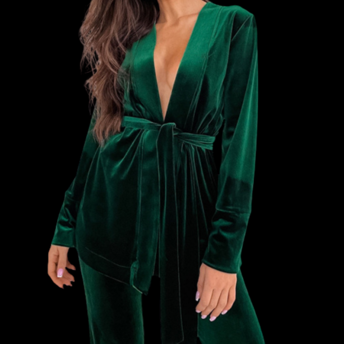 Compleu de dama din catifea cu cordon in talie verde ''ISABEL'' [1]