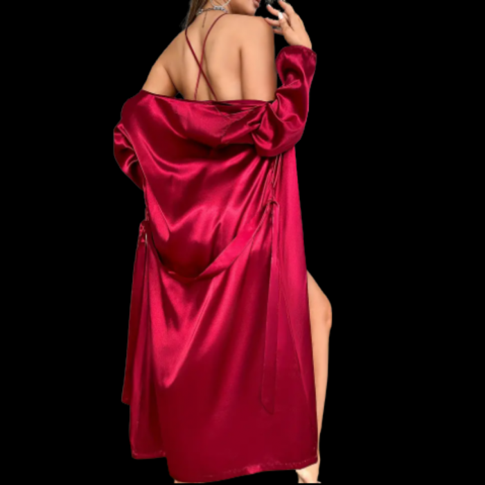 Compleu satinat rosu burgundy cu furou si halat LEILA [3]