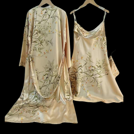 Compleu satinat bej cu halat si furou imprimeu floral ''QUEEN'' [1]