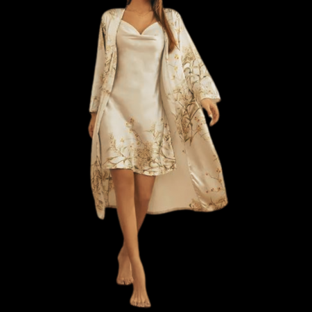 DAY WEAR - Compleu satinat bej cu halat si furou imprimeu floral ''QUEEN''