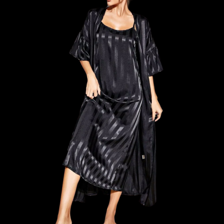 DAY WEAR - Compleu satinat negru cu furou si halat REINA