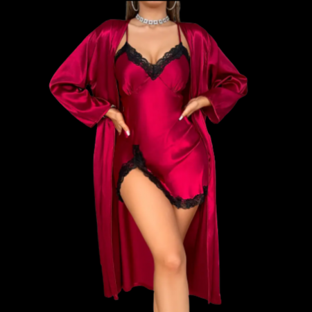 Compleu satinat rosu burgundy cu furou si halat LEILA [1]