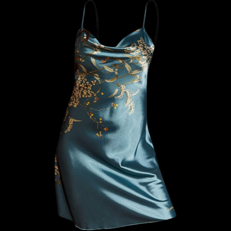 Compleu satinat turcoaz cu halat si furou imprimeu floral ''QUEEN'' [1]